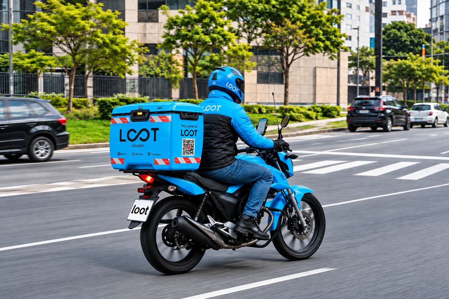 Entregador da Loot de jaqueta e capacete azuis numa moto azul com o baú da Loot, no trânsito da cidade